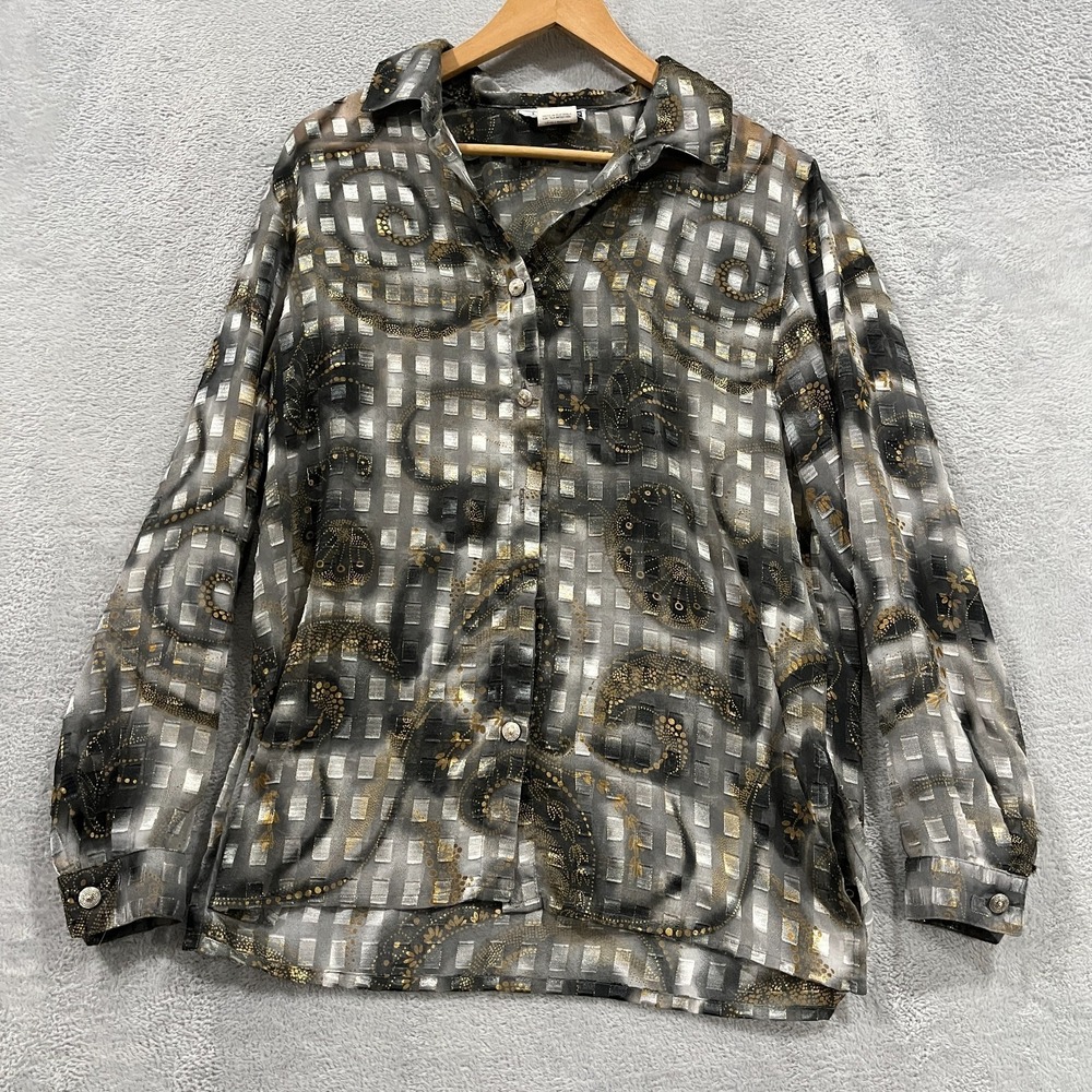 CM Shapes Button Up Shirt Womens Small‎ Gray Gold Sheer Geometric Top Blouse